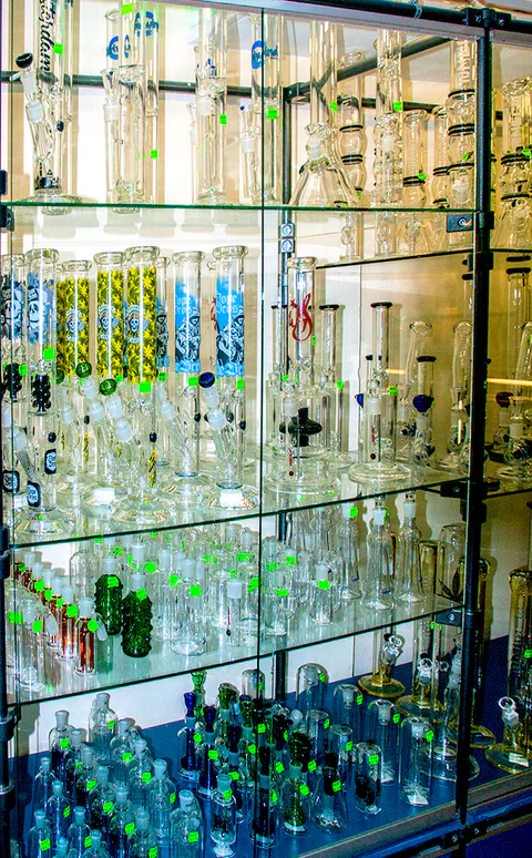 Glaswaren in einer beleuchteten Vitrine im Glassy Headshop